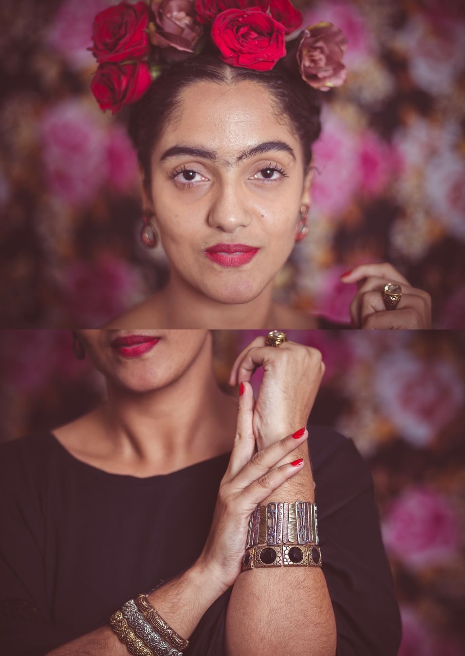 Retrato do ensaio Seja Frida, com flores no cabelo